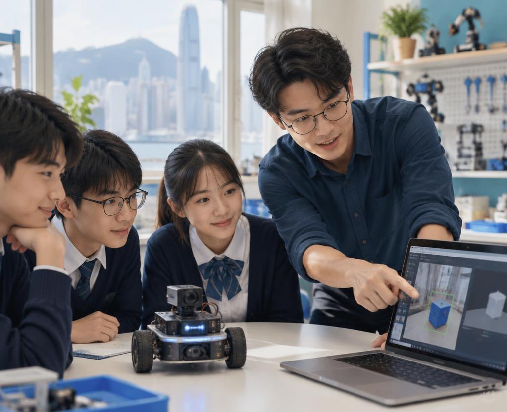 Hong Kong students in a STEM classroom with a teacher and robots. / 香港學生在 STEM 課堂與老師及機械人互動。