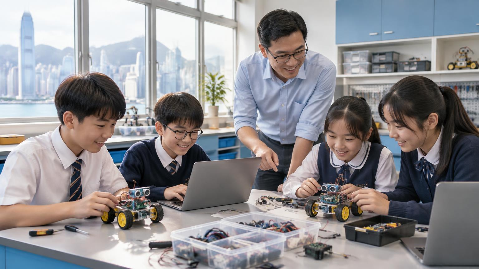 Hong Kong students building small robots in a bright classroom with a teacher. / 香港學生在明亮課室內與老師一起組裝小型機械人。